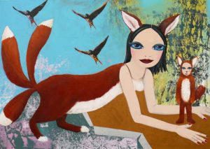Fuchsfee, 100 x 140 cm, Öl, Acryl, Siebdruck auf Leinwand 2016 