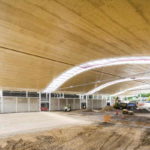 Flache Holzkonstruktion unter gewölbtem Gründach